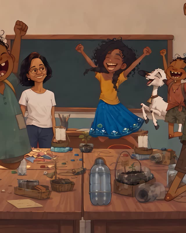A turma da escola comemora pulando, com a professora e a Nina no meio