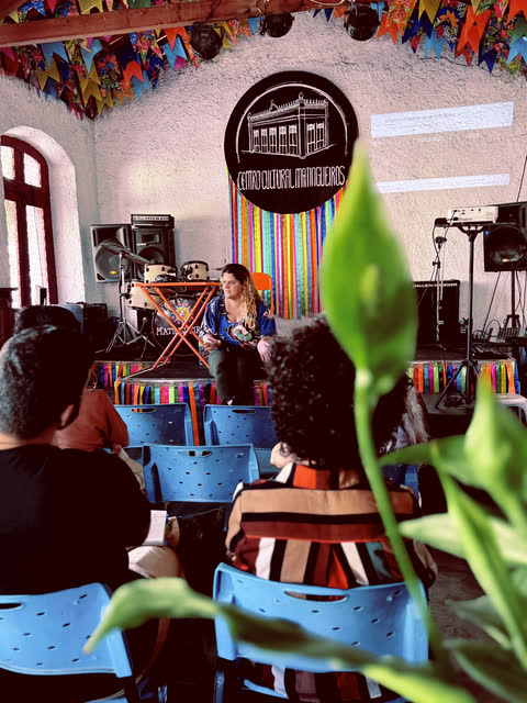 Palestra vista entre as folhas de uma planta, com o público atento