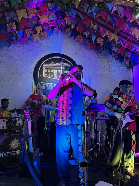 Músico se apresentando sob as bandeirinhas do Matingueiros