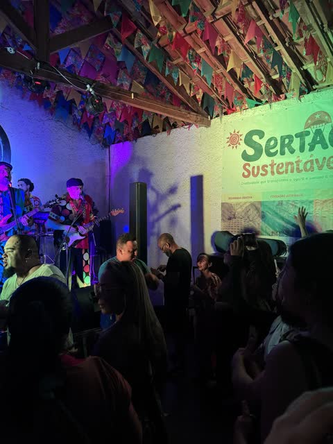 Banda tocando para o público lotado sob as bandeirinhas