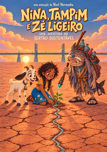 Cartaz do média-metragem Nina, Tampim e Zé Ligeiro: Uma Aventura no Sertão Sustentável, uma animação de Noel Normanha. No chão rachado, a Nina planta um broto, o Tampim rega com o cajado e o cabrito Zé Ligeiro observa, com uma ponte sobre o rio ao fundo