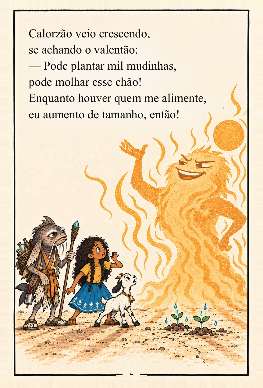 Página do livro: o Calorzão crescendo diante de Nina, Tampim e Zé