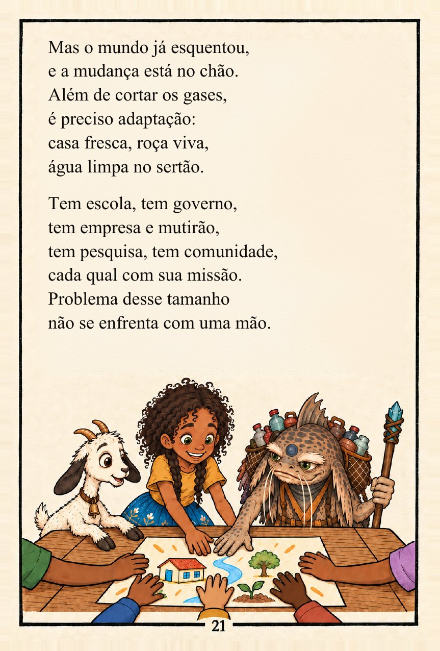 Página do livro: crianças, Nina e Tampim planejando soluções em volta de um mapa
