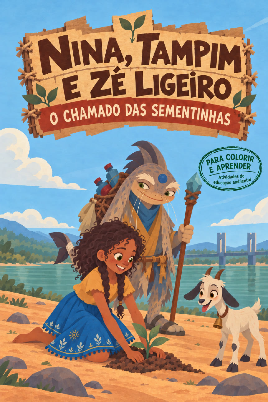 Capa do livro Nina, Tampim e Zé Ligeiro: O Chamado das Sementinhas, para colorir e aprender