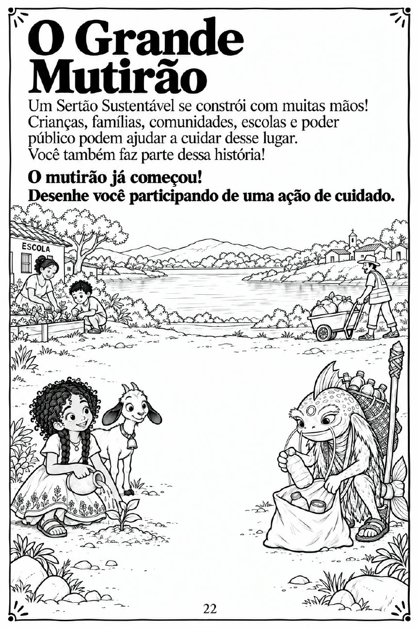 Página do livro: O Grande Mutirão, com Nina, Zé Ligeiro e Tampim cuidando da beira do rio