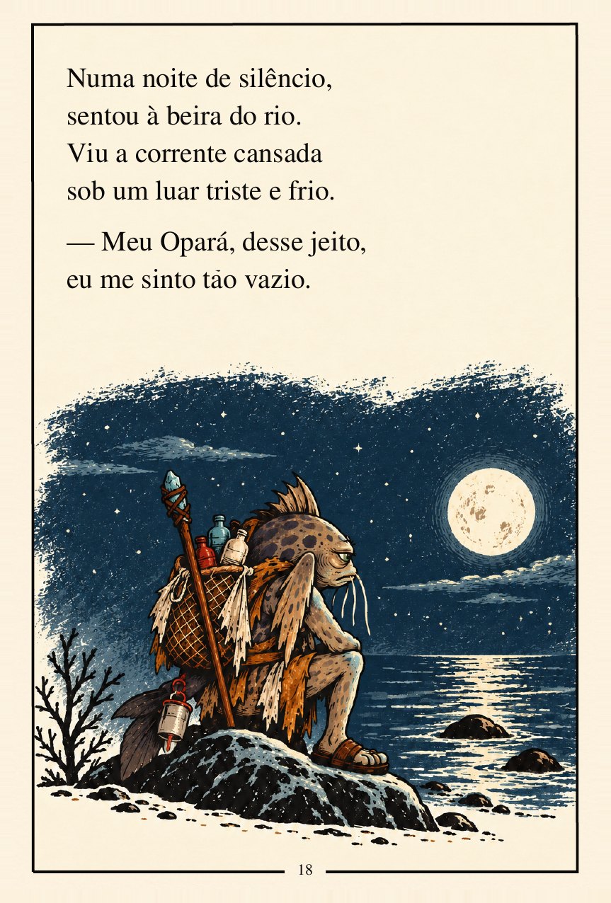 Página do livro: Tampim sentado numa pedra numa noite de lua